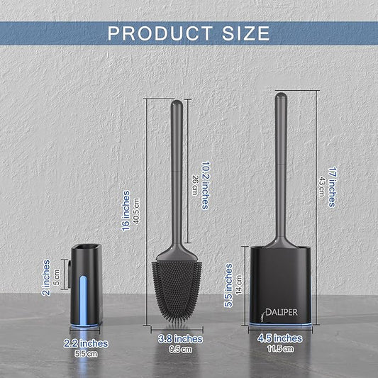 Toilet Brush and Holder Set - Flexible Silicone Toilet Bowl Scrubber Brush, Compact Bathroom Brush with Ventilation Base, Black