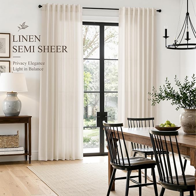 Hokibero Cream Linen Curtains 86 Inches Long for Living Room 2 Panels | Light Filtering Semi Sheer Curtain, Back Tab Rod Pocket Pleated Look, Beige Window Drapes for Bedroom Privacy, Boho Farmhouse