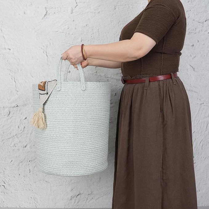 XUANGUO Cotton Rope Laundry Basket Hamper for Clothes, green | Woven Storage Basket for Living Room Bedroom Boho Tall Rope Baskets for Blanket Toys Pillow Towels Baby Nursery Hamper Bin