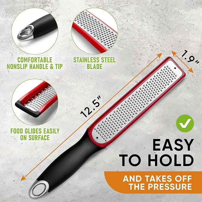 Spring Chef Premium Red Lemon Zester Grater with Handle - Fruit, Garlic, Citrus, Nutmeg, Orange Zester Tool - Heavy Duty Kitchen Shredder - Stainless Steel Ginger Grater with Blade Cover - Fine Shred