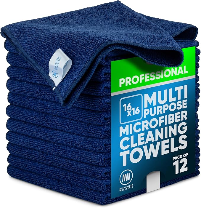 MW Pro Multi-Surface Microfiber Towel – 12 Pack | Premium Cleaning Cloth | Clean, Buff, Dust, Polish, Absorb | Large 16"x16" (Dark Blue)