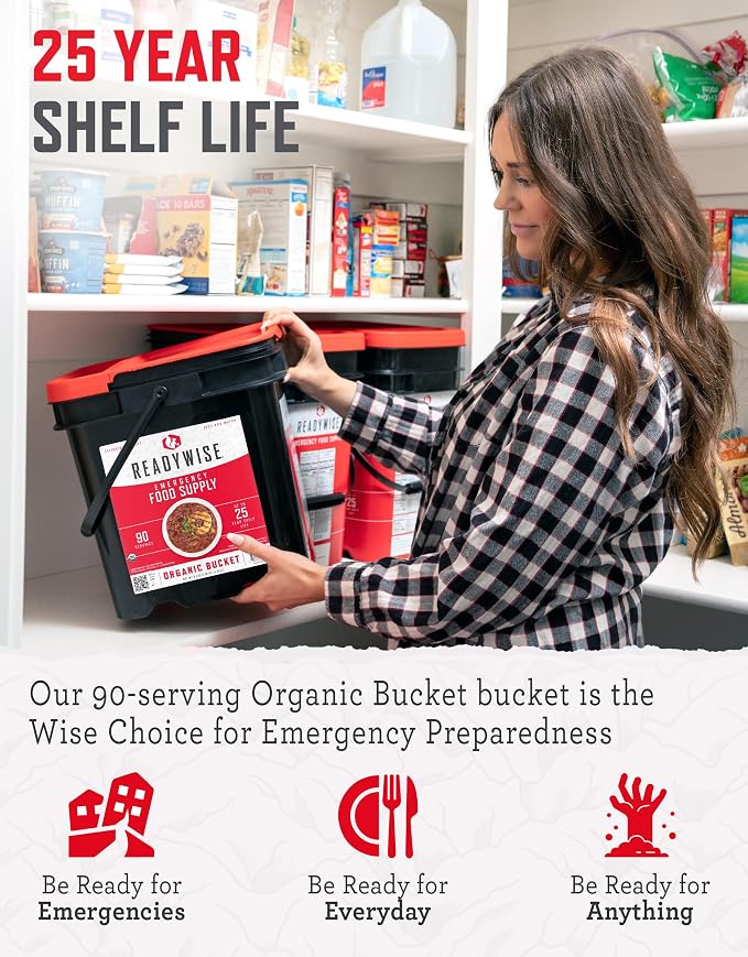 ReadyWise Emergency Food Supply - 90 Servings Organic Bucket, Protein Meals, Dehydrated & Freeze Dried Survival Food for Backpacking, Camping Essentials & Prepping Supplies, up to 25 Year Shelf Life