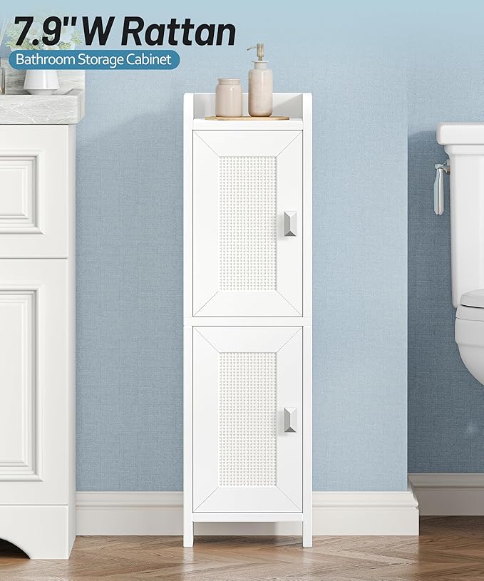 Akxomel Rattan Small Bathroom Cabinet Narrow Toilet Paper Organizer White | 7.9''D x 7.9''W Bathroom Organizer and Storage Cabinet for Small Space, Slim Corner Unit with Adjustable Shelf