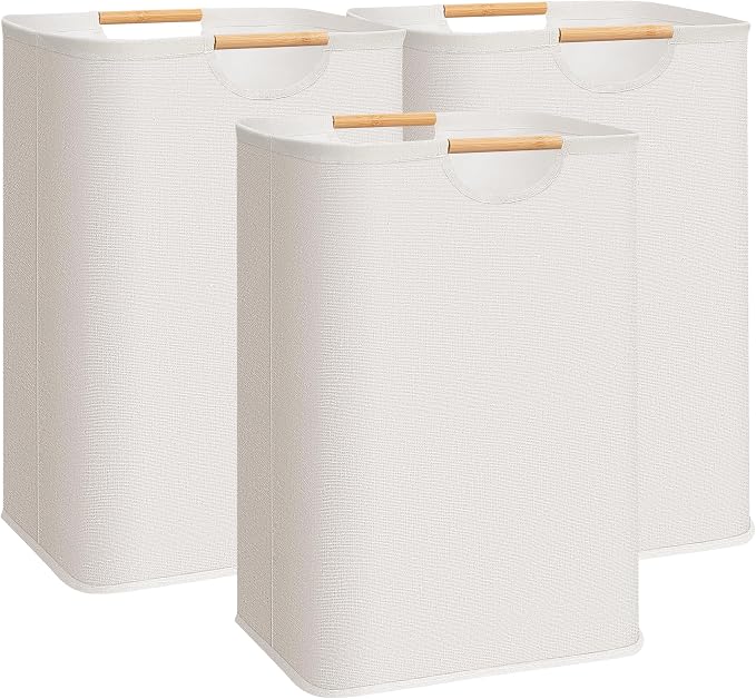 STORAGE MANIAC 3-Pack Large Laundry Hamper, 80L (21.1 Gal) Collapsible Laundry Basket with Bamboo Handles, Freestanding Waterproof Clothes Hamper for Laundry Room, Bedroom, Dorm, Towels, Beige
