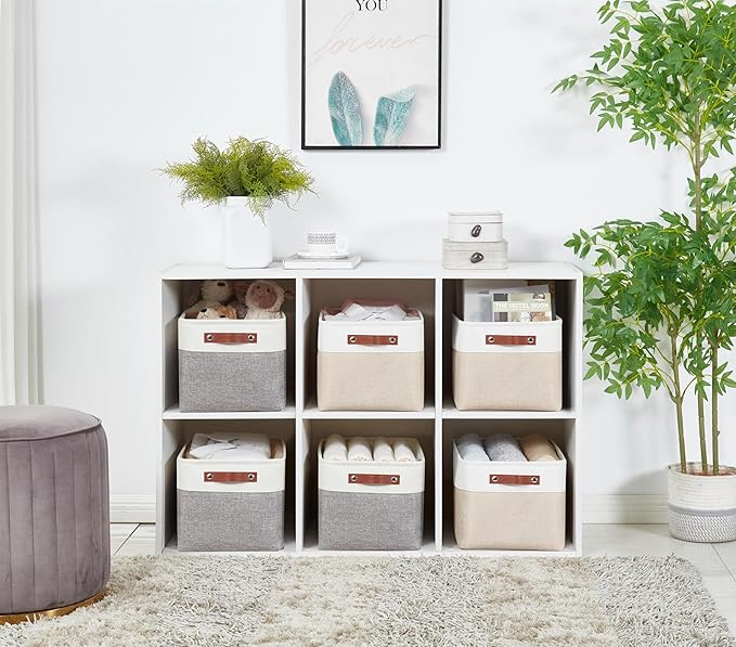 DECOMOMO Storage Baskets for Shelves - Fabric Storage Bins, Linen Closet Organizers and Storage (Beige & White, Large - 3 Pack)