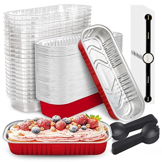 NPLUX 50 PACK Mini Cake Pans with Lids and Spoons, Rectangular Aluminum Foil Bread Pan, Mini Loaf Pans and Food Containers with Lids for Graduation Gifts Party Favors(Red, 6.8oz)