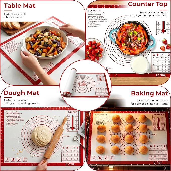 XL Silicone Pastry Mat for Baking, Extra Large 28x20 in, Non-Stick & Non-Slip Dough Mat for Rolling Out with Measurements, Bread, Pizza, Pie Crust, Cookies, Fondant,Oven Safe, Dishwasher Safe (Red)