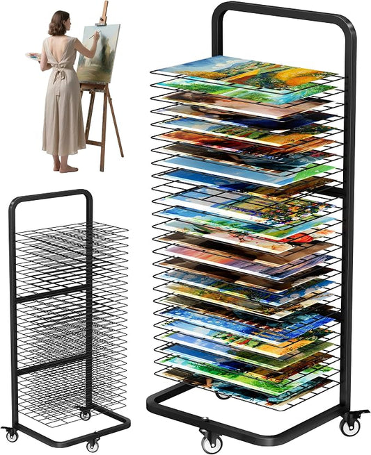 Art Drying Rack with 25 Removable Shelves, Mobile Metal Paint Drying Stand with Lockable Wheels, Functional Canvas Rack Art Storage for Artwork in Classrooms, Art Studios and Schools, Black