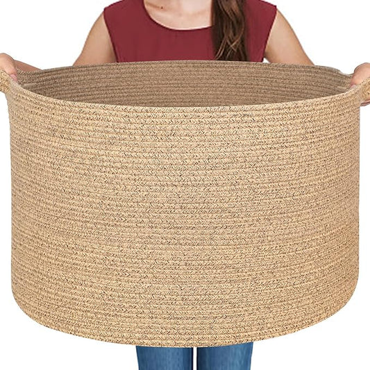 MEGASKET Extra Large Storage Basket, 22”x14” Woven Cotton Rope Basket, Big Kids Dog Floor Toy Bin, XXL Blanket Pillow Holder for Living Room Bedroom, Brown Variegated Round Baskets for Organizing