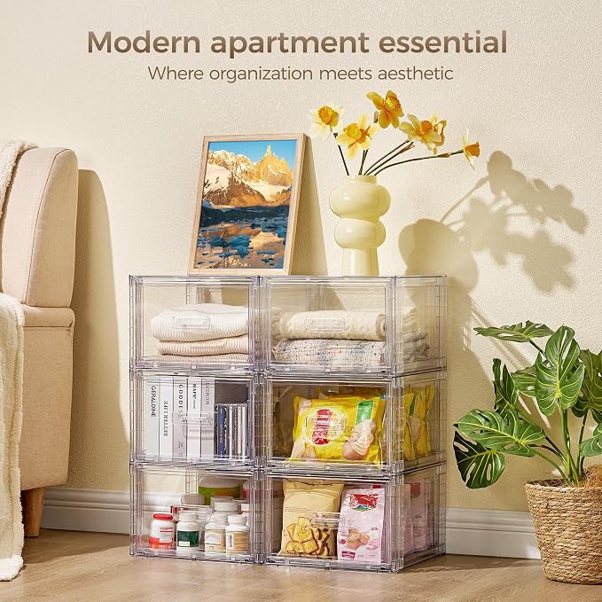 Vtopmart 2 Pack Clear Stackable Storage Drawers 15QT, Easily Assemble Closet Organizers,Plastic Storage Bins for Bathroom,Cabinet,Kitchen Pantry,Under Sink Organization(Medium)