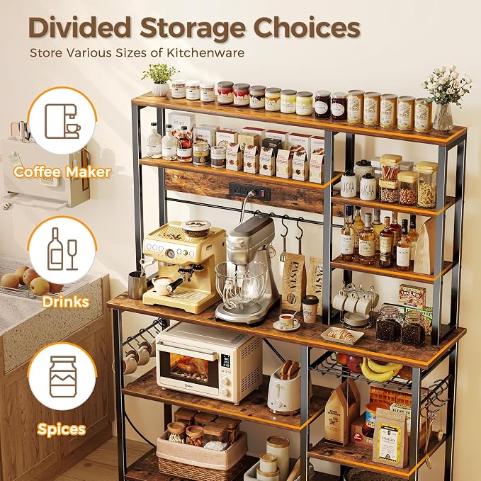 SUPERJARE Larger Bakers Rack with Power Outlets, 6-Tier Microwave Stand, Coffee Bar with 12 S-Shaped Hooks, Kitchen Shelf with Wire Basket, 47.2 x 15.5X 66.9 Inches, Rustic Brown