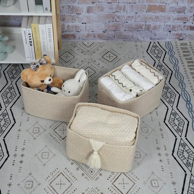 XUANGUO Rope storage Basket Bins Woven Basket for Organizing Shelves 15X10X9.3" Rectangle Decorative Baskets For storage Clothes Toys Books Towels Nursery basket organizer 3 pack Oatmeal