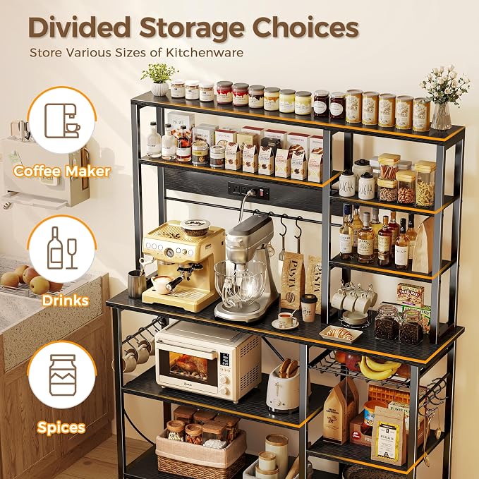 SUPERJARE Larger Bakers Rack with Power Outlets, 6-Tier Microwave Stand, Coffee Bar with 12 S-Shaped Hooks, Kitchen Shelf with Wire Basket, 47.2 x 15.5X 66.9 Inches, Black