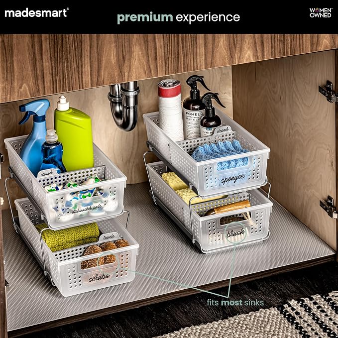 madesmart 2 Tier Organizer, Under Cabinet Storage with Pull Out Sliding Drawers, for Cleaning Supplies, Pantry, Undersink, Sponges, Bottles & Bath, Adjustable Dividers & Pull Out Baskets, Frost