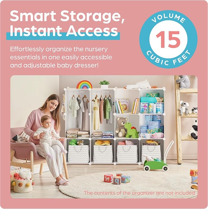 CUBEDIY Baby Closet Organizer for Nursery: Durable Baby Wardrobe for Closet - Customizable Baby Dresser Amoire Shelves - Waterproof Shelf Clothes Organizer w/Wall Fixation (White)