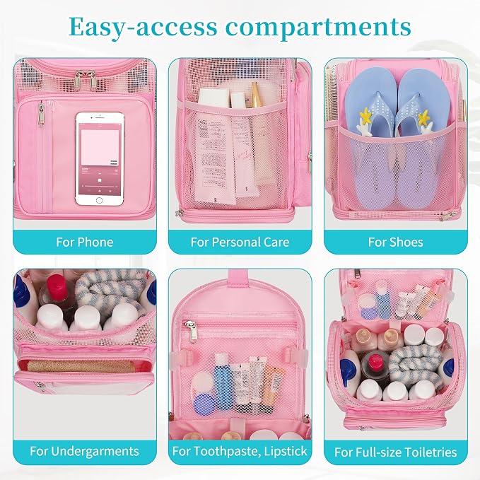 Hanging Shower Caddy Portable - Travel Toiletry Bag for Men & Women, Large Capacity Caddy Dorm Basket, Quick Dry Toiletry Tote Bag with Stain Resistant Bottom for Bathroom, Beach, Camp, Gym - Pink