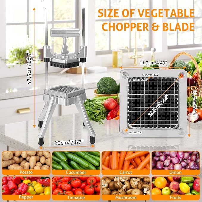 WICHEMI Commercial Vegetable Fruit Chopper Food Dicer French Fry Cutter | Stainless Steel 1/4" Blade, Heavy Duty, High Efficiency, Detachable, Easy Clean, Cuts Onions, Tomatoes, Potatoes, Peppers.