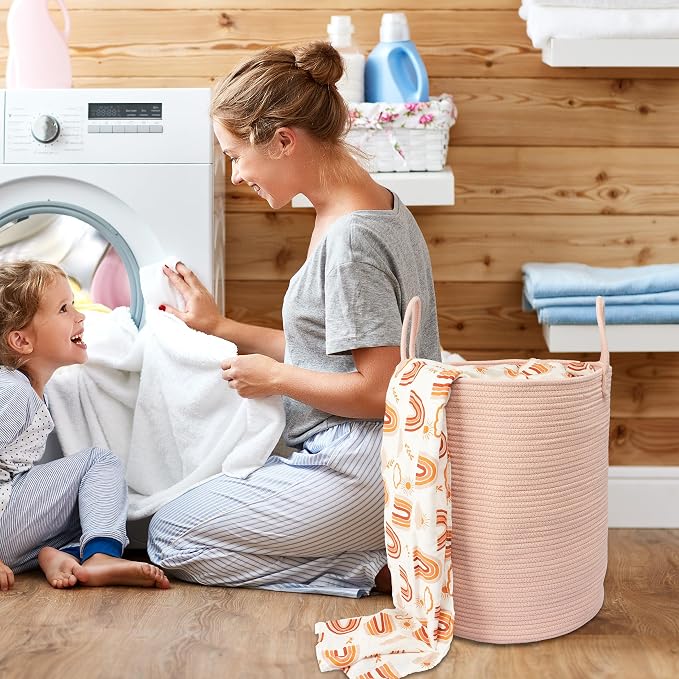 XUANGUO Cotton Rope Laundry Basket Hamper for Clothes, coral pink | Woven Storage Basket for Living Room Bedroom Boho Tall Rope Baskets for Blanket Toys Pillow Towels Baby Nursery Hamper Bin