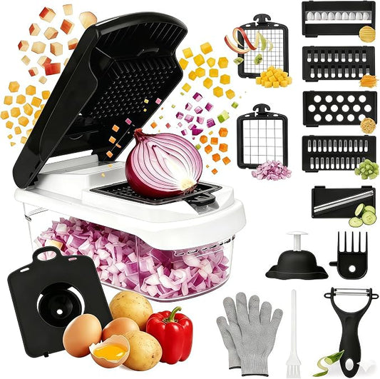 Stainless Steel Mandoline Slicer, Safe Veggie Dicer Kitchen Prep Tool | Multi stainless steel blades with safety guard, detachable structure for quick fruit and vegetable cleaning