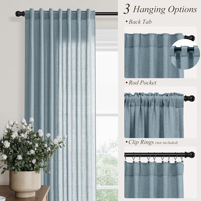 Hokibero Blue Linen Curtains 72 Inches Long Drape for Living Room 2 Panels | Light Filtering Sheer Curtain, Back Tab Rod Pocket Pleated Look, Dusty Blue Privacy Drapes for Bedroom Window, Boho Farmhouse