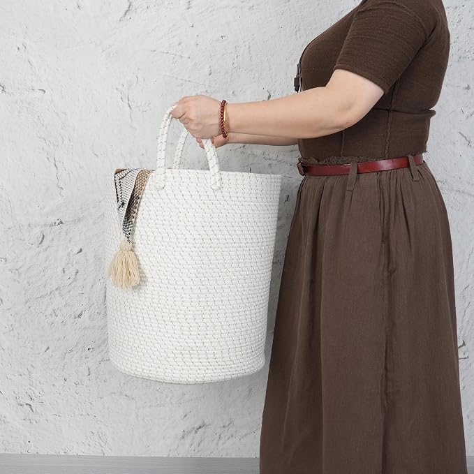 XUANGUO Cotton Rope Laundry Basket Hamper for Clothes, striped | Woven Storage Basket for Living Room Bedroom Boho Tall Rope Baskets for Blanket Toys Pillow Towels Baby Nursery Hamper Bin