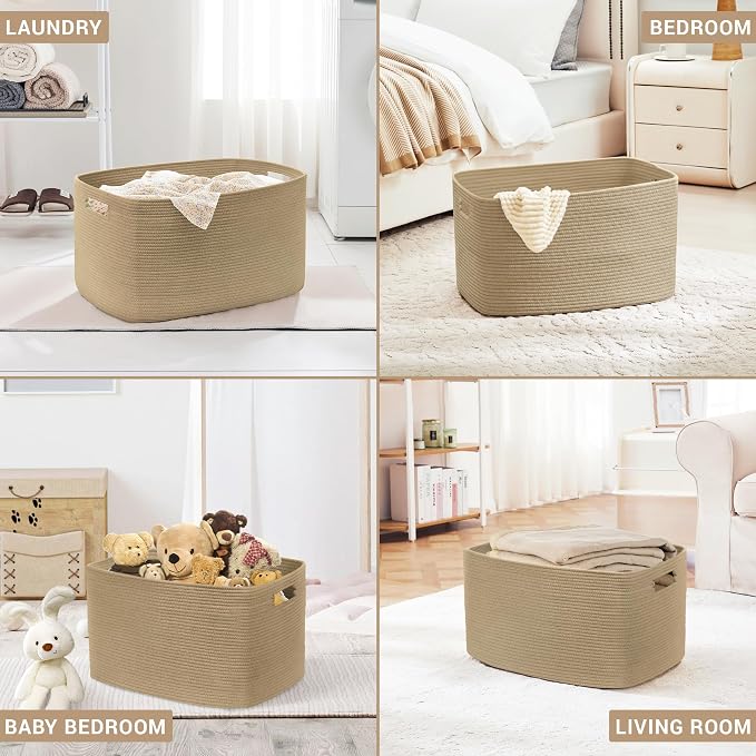 86L Large Woven Laundry Basket Hamper with Handles, Jute | collapsible wicker hamper, storage for dirty clothes, toys, blankets, gifts, living room, bedroom, bathroom, 24"x16"x14"
