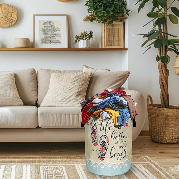 Funny Beach Laundry Basket Oxford Cloth Colorful Hawaii Laundry Hamper With Handle Foldable Portable Clothes Storage Basket Ocean Laundry Bag 18.9"x16.5" For Laundry Room/Bedroom/Bathrooms