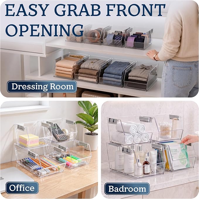 HOMESTEAD Set of 2 Large Stackable Storage Bins, Clear Plastic Organizer Bins, Open Front Design for Kitchen Pantry, Fridge, Cabinet, Bathroom and Cabinet Organization