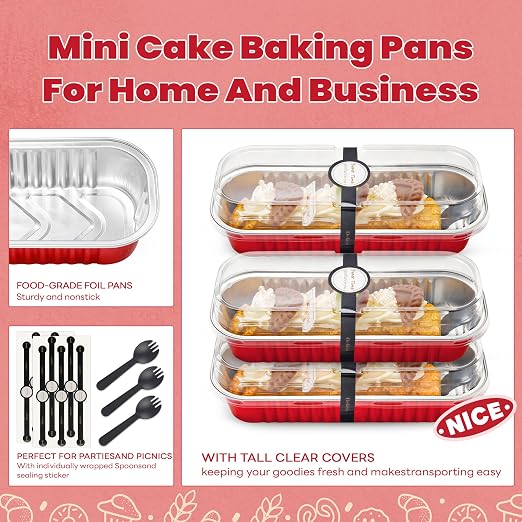 NPLUX 50 PACK Mini Cake Pans with Lids and Spoons, Rectangular Aluminum Foil Bread Pan, Mini Loaf Pans and Food Containers with Lids for Graduation Gifts Party Favors(Red, 6.8oz)