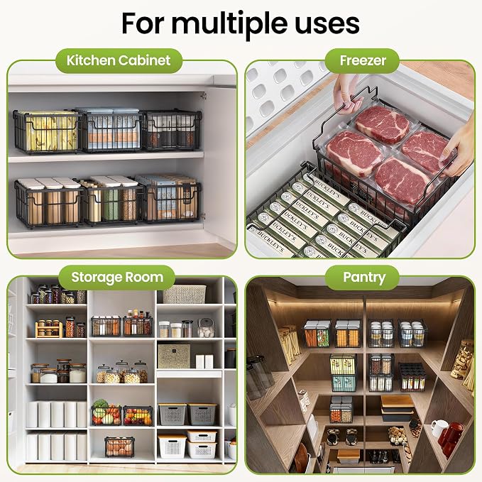 MSERCUOR Freezer Organizer Bins, 6 Pack Big Stackable Deep Chest Freezer Organizer Bins, Foldable Baskets with Handles, Black Storage Container Baskets for 5 to 9 Cu.FT Deep Freezer Sort Frozen Meats