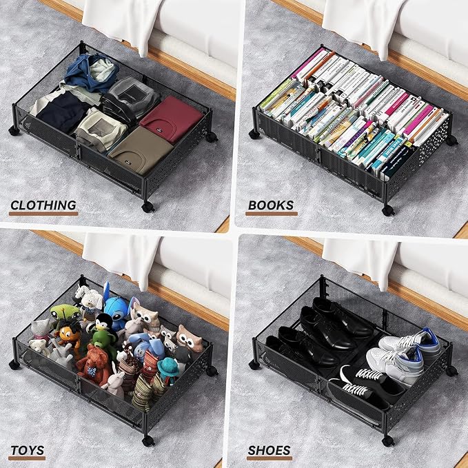 PHINOX Under Bed Storage with Wheels,Patterned,Sturdy Metal,4 Pack,Black | Tool-free assembly, glide smoothly, easy reach, foldable, maxmazie low-profile beds, dorm, keep seasonal clothes, shoes fresh