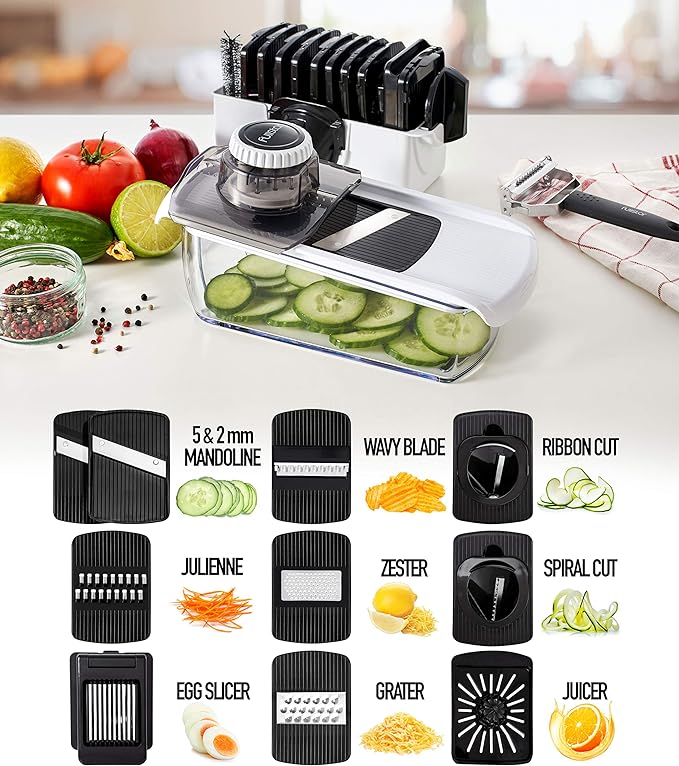 Fullstar Mandoline Slicer for Kitchen, Fruit Cutter, Cheese Grater, Cucumber Slicer, Veggie Spiralizer, Food Cutter & Kitchen Gadgets & Gifts with Safety Glove (11 in 1, White)