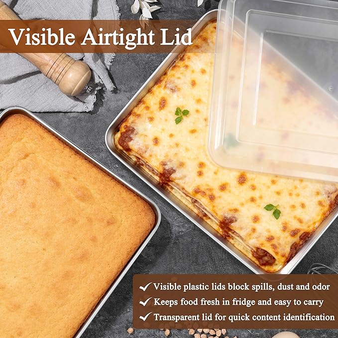 LIANYU 2 Pack Stainless Steel Baking Pan with Lid, 12⅓ x 9¾ x 2 Inch Rectangle Sheet Cake Pan, Lasagna Brownie Bakeware Set with Cover, Non-Toxic & Dishwasher Safe (2 Pans + 2 Lids)
