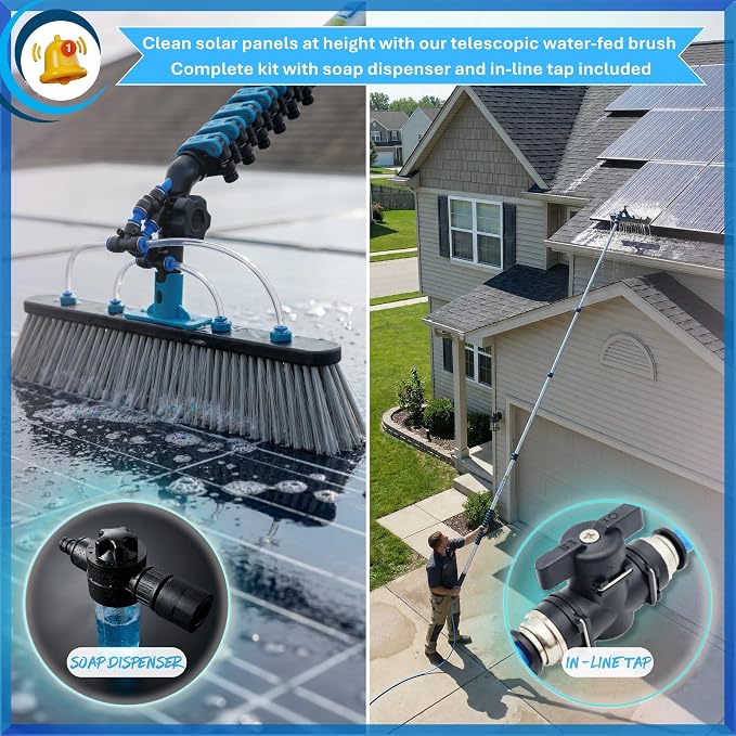 IGAD Solar Panel and Window Cleaning Kit with 18ft Extendable Pole, 2 Water Fed Brushes, 33ft Hose, Blue, 16 Inches, Nylon, Aluminum