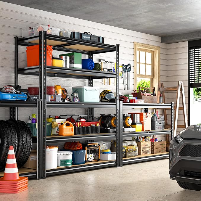 REIBII 5 Tier Garage Shelving for Pantry, Adjustable Storage Shelves | 35.5" W x 11.9" D x 72" H, Holds 2400 Lbs, 5 Reinforcing Ribs, Steel Frame with Powder Coat, Tool-Free Assembly, Freestanding
