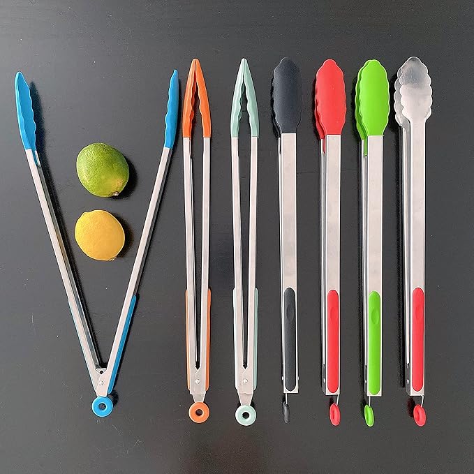 18 inch Extra Long Grill Tongs (1 orange +1 black), with Silicone Tip Head, Stainless Steel Barbecue Tongs with Long Handle, Large Sized Food Tong, Extended Serving Tong