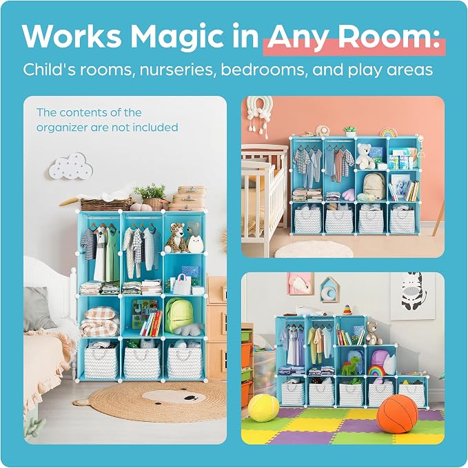 CUBEDIY Baby Closet Organizer for Nursery - Durable Baby Wardrobe Armoire for Closet - Customizable Dresser Shelves - Waterproof Shelf Clothes Organizer w/Wall Fixation (Blue)