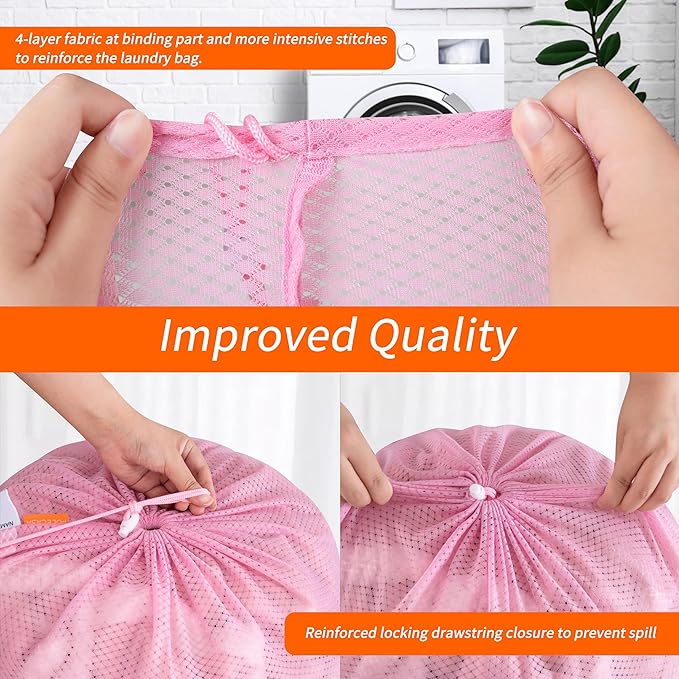 Heavy Duty Diamond Mesh Laundry Bag, 24x36", Pink | Drawstring & ID Tag, Breathable Mesh, Machine Washable, Commercial Grade, , For College Dorms, Travel, Sports Equipment
