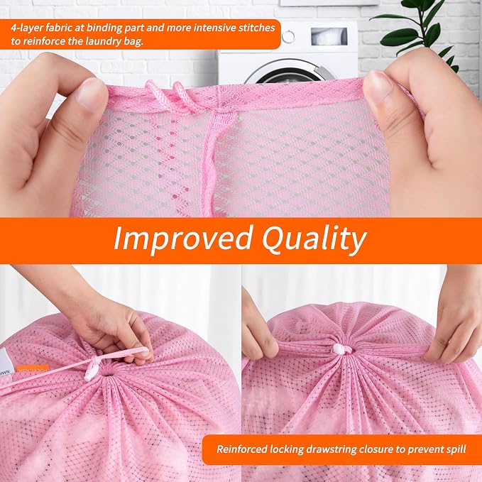 2 Pack Heavy Duty Diamond Mesh Laundry Bag, 24x36", Pink | Drawstring & ID Tag, Breathable Mesh, Machine Washable, Commercial Grade, , For College Dorms, Travel, Sports Equipment