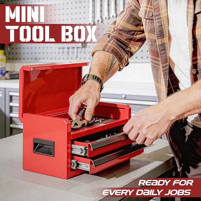 Mini Toolbox with 2 Drawers and Top Storage, Durable Steel Construction with Ball-Bearing Slides, Multi-Purpose Portable Tool Boxes Case Organizer for Garage, Red