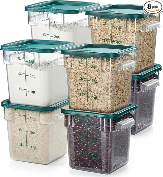 CURTA 8-Pack 4 Qt NSF Clear Polycarbonate Food Storage Containers with Green Lids - Square, Commercial-Grade, Freezer & Dishwasher Safe, Stackable