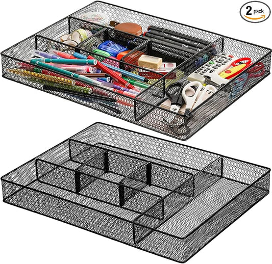 Hiceeden 2 Pack Mesh Desk Drawer Organizer, 16.1"x12.2"x2" Large Desk Organizer Tray with 2 Removable Dividers, 6 Compartment Metal Organizers for Home, Office, Makeup & Vanity