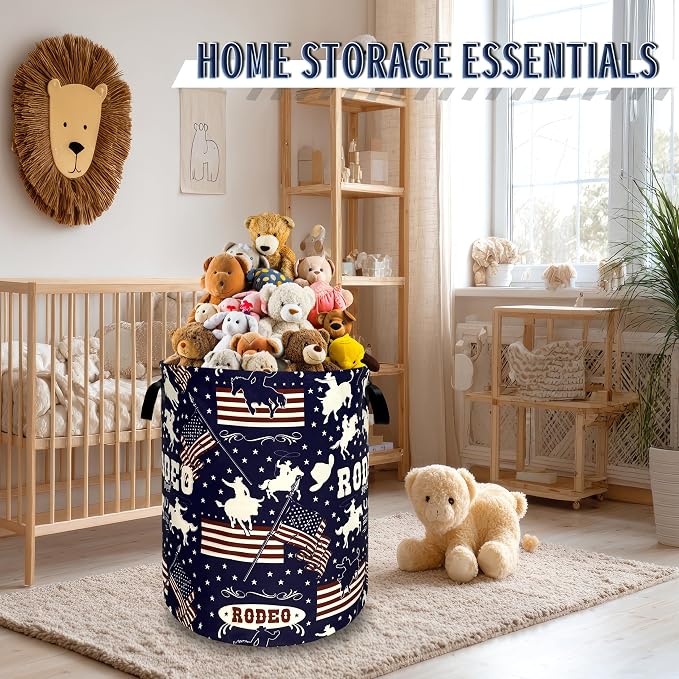 Western Cowboy Laundry Hamper Foldable Oxford Cloth American Flag Laundry Basket With Handle Portable Clothes Storage Organizer Basket 18.9"x16.5" Storage Bag For Laundry Room/Bathroom/Bedroom