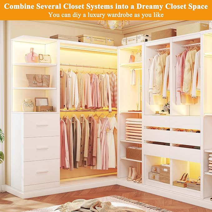 Large Corner Closet System Set with 6 Drawers & Shelves, 100'' Reversible Closet Organizer System with LED Lights & 8 Jewelry Hooks & Glasstop, Walk-in Closet with 4 Hanging Rods, L Shaped/Straight