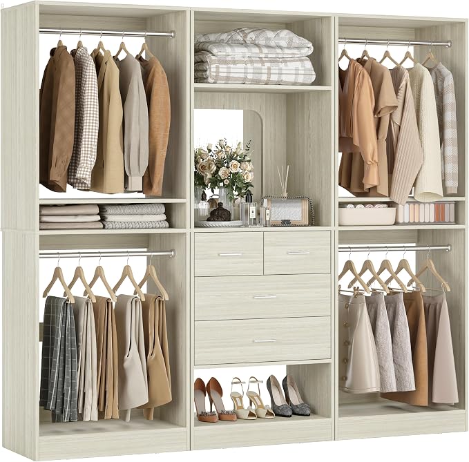 Unikito 75” Closet System with 4 Drawers, 6.3FT Wood Walk in Closet Organizer with Hanging Rods and Mirror, Reversible Large Closet Wardrobe with Shelves, Max Load 2000 LBS, White Oak