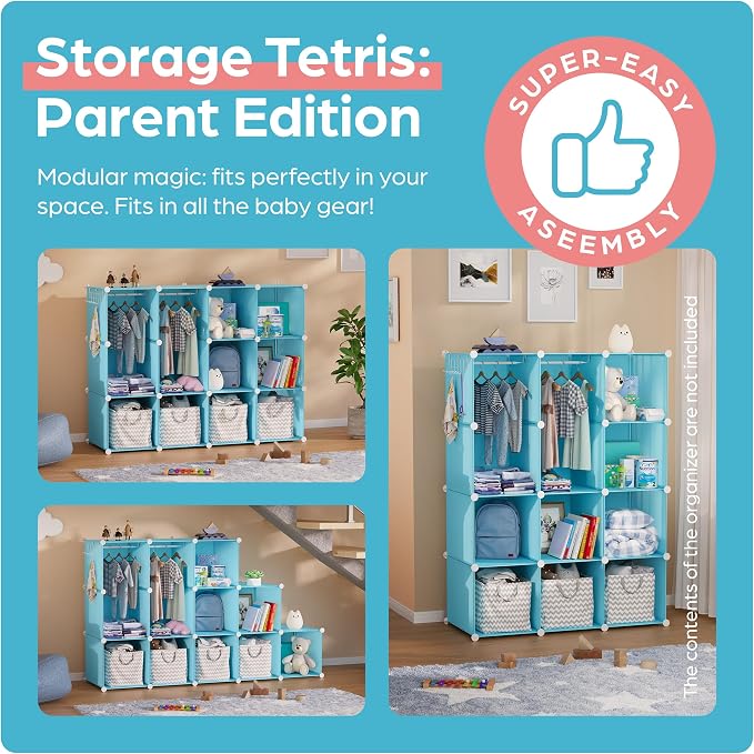 CUBEDIY Baby Closet Organizer for Nursery - Durable Baby Wardrobe Armoire for Closet - Customizable Dresser Shelves - Waterproof Shelf Clothes Organizer w/Wall Fixation (Blue)