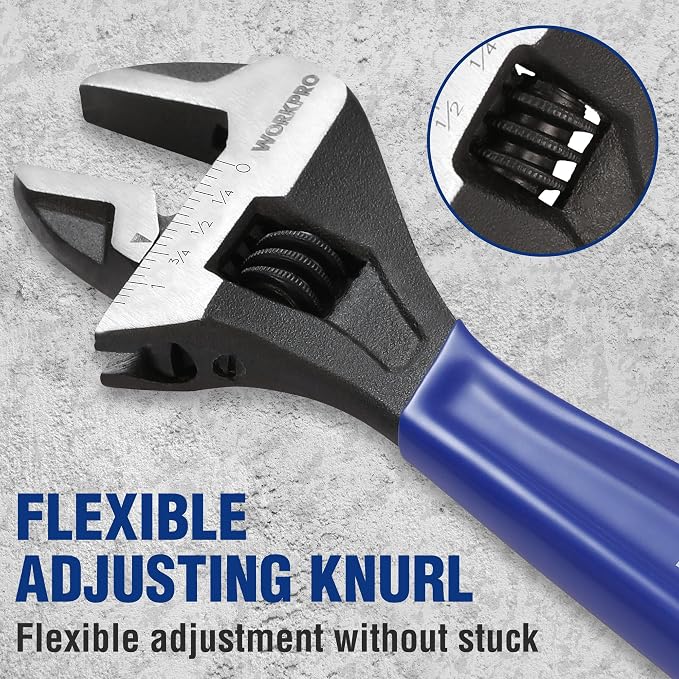 WORKPRO 4 PCS Adjustable Wrench Set, 6", 8", 10" & 12" Wide Jaw Wrenches | Cr-V Steel Wrenches with Black Oxide Finish, Metric & SAE Scales for Home, Garage and Workshop Use