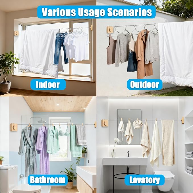 Retractable Clothesline Indoor Outdoor 17.4Ft Non-Sag (1, Light Wood Grain) | Stainless Steel Heavy Duty Design Laundry Wash Line with Wall Mounted, Space-Saving Drying Rack for Bathroom, Balcony