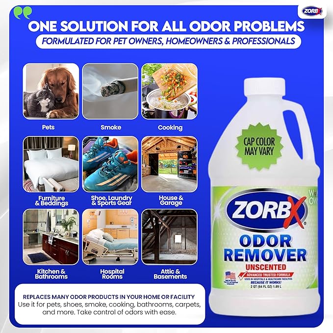 ZORBX Unscented Odor Eliminator Spray 64 Oz Refill, Hospital-Grade Formula | Permanent Odor Remover for Pet & Human Urine, Smoke & Strong Odors, Carpet, Upholstery, Mattress, Bathroom, Basement & More