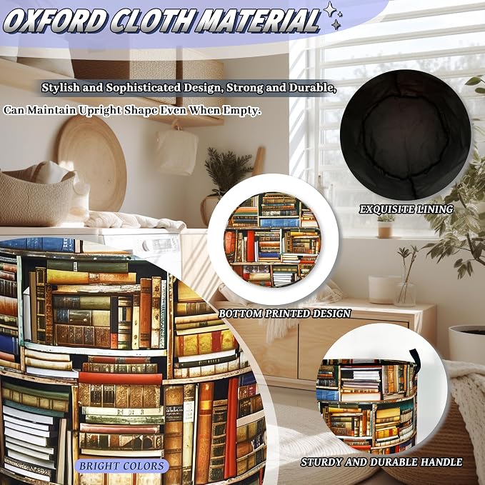 Retro Bookshelf Laundry Basket Oxford Cloth Hamper 18.9"x16.5" | Retro Books Laundry Hamper With Handle Foldable Portable Clothes Storage Laundry Bag For Laundry Room/Bedroom/Bathrooms
